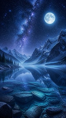 a tranquil mountain lake beneath a starry night sky, no people, no text