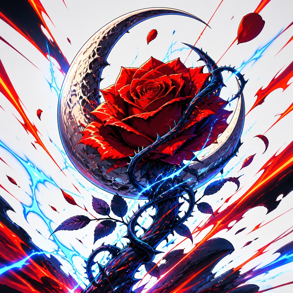 a rose entwined with a crescent moon, clean balanced composition on a plain background, no text