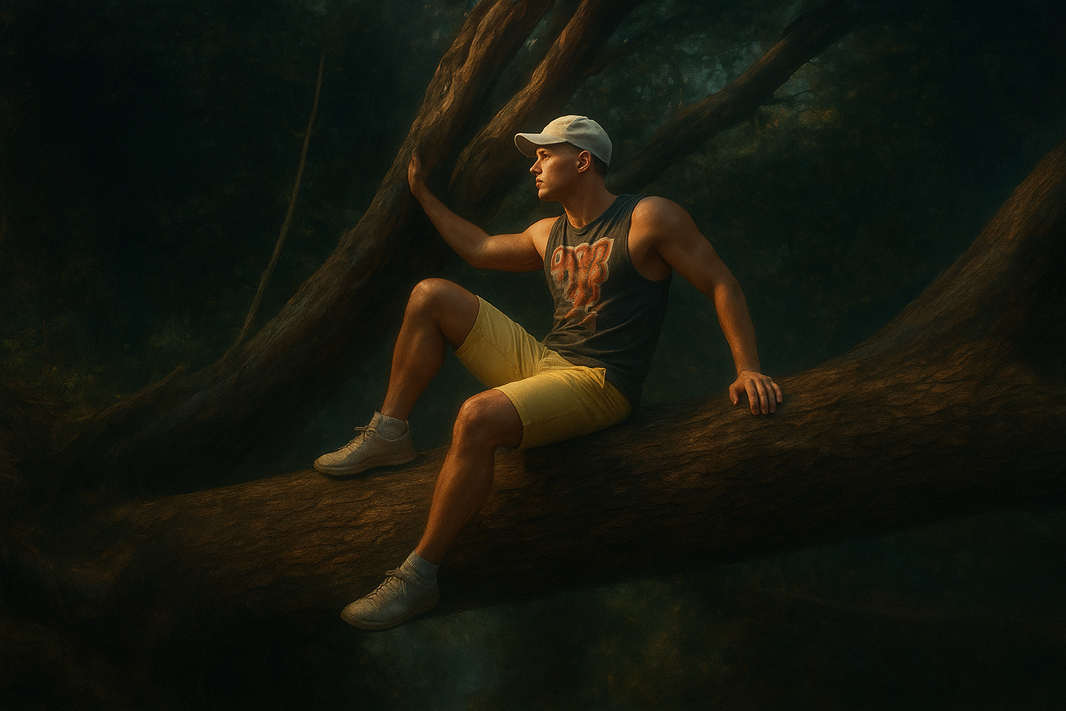 a man sitting on top of a tree branch