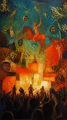 a live music scene with a glowing stage and silhouetted crowd, energetic vertical composition with open space at the top, no text