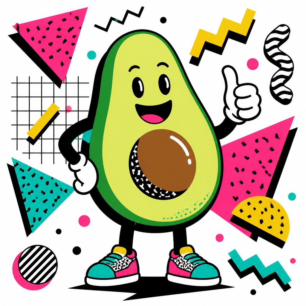 a happy avocado character giving a thumbs up, bold readable design on a plain background, no text