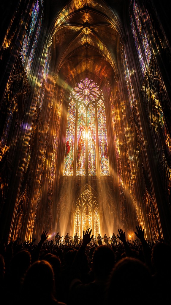 a live music scene with a glowing stage and silhouetted crowd, energetic vertical composition with open space at the top, no text
