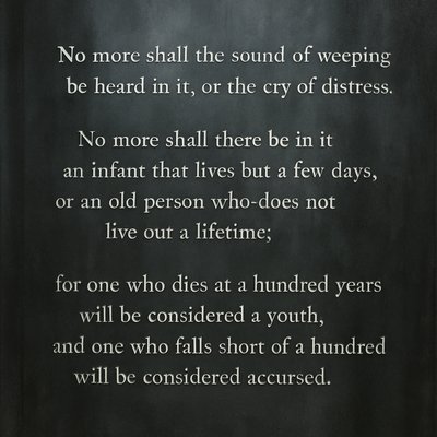 no more shall the sound of weeping be heard in it,
or the cry of distress.

No more shall there be in it
an infant that lives but a few days,
or an old person who does not live out a lifetime;

for one who dies at a hundred years will be considered a youth,
and one who falls short of a hundred will be considered accursed.

They shall build houses and inhabit them;
they shall plant vineyards and eat their fruit.