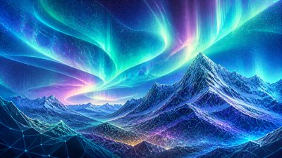 a flowing aurora over snowy peaks, wide sweeping composition, no people, no text