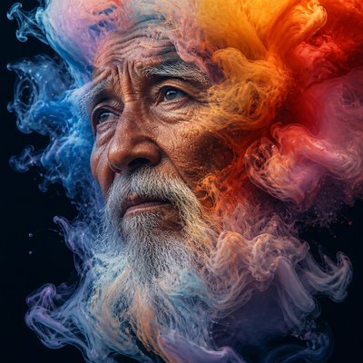 close-up portrait of an elderly person with expressive weathered features