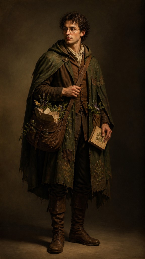 full-body original character: a wandering botanist with a satchel of plants, a patched green cloak, tall boots and round glasses, neutral background
