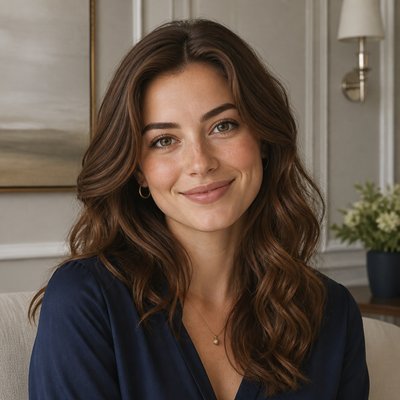 head-and-shoulders portrait of an original character: a young woman with wavy chestnut hair and a warm smile, plain soft backdrop