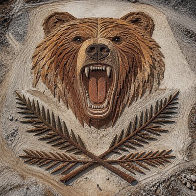 a roaring bear head above crossed pine branches, bold graphic composition on a plain background, no text