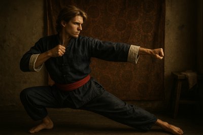 a man in a black outfit is doing a karate pose