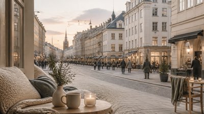 bustling city street panorama at dusk