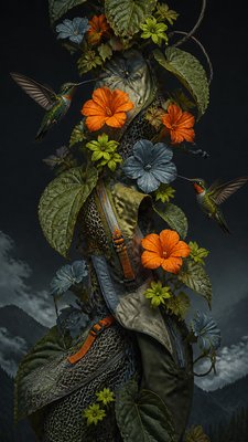 a climbing vine of flowers and hummingbirds on a dark background, tall wrapping composition, no text