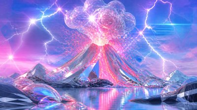 an erupting volcano with lightning strikes, dramatic wide composition, no text