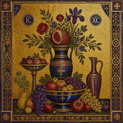 still life arrangement of fruits and flowers