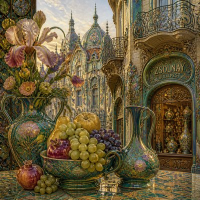 still life arrangement of fruits and flowers