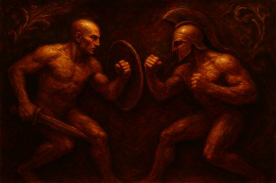 a painting of two naked men holding a steering wheel