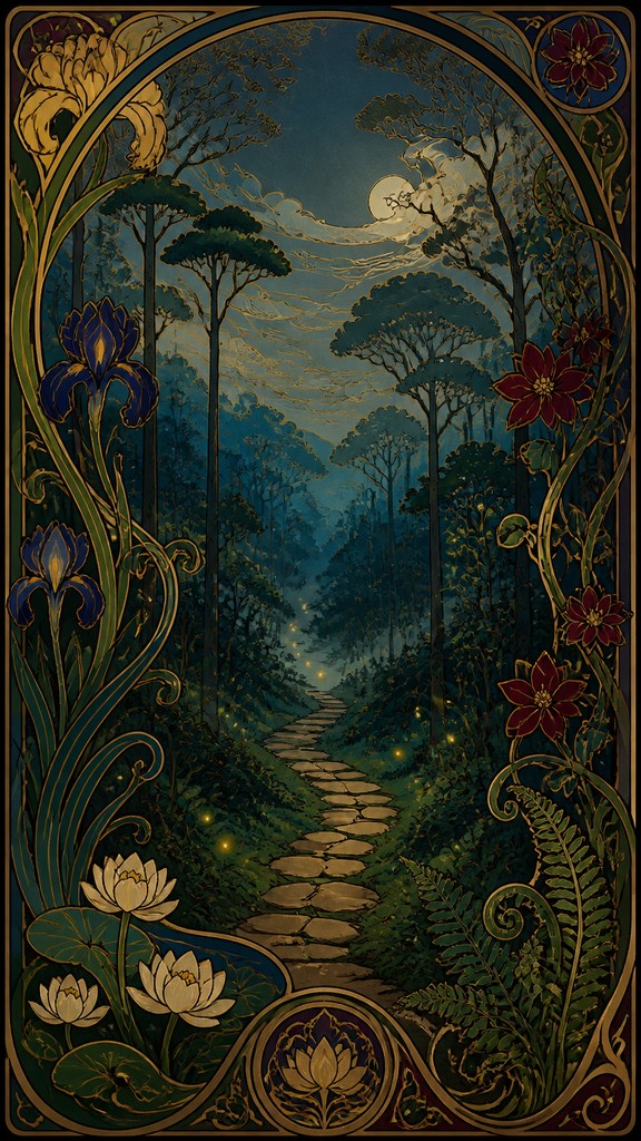 a mysterious forest path with fireflies and drifting mist, atmospheric vertical composition with open space at the top, no text