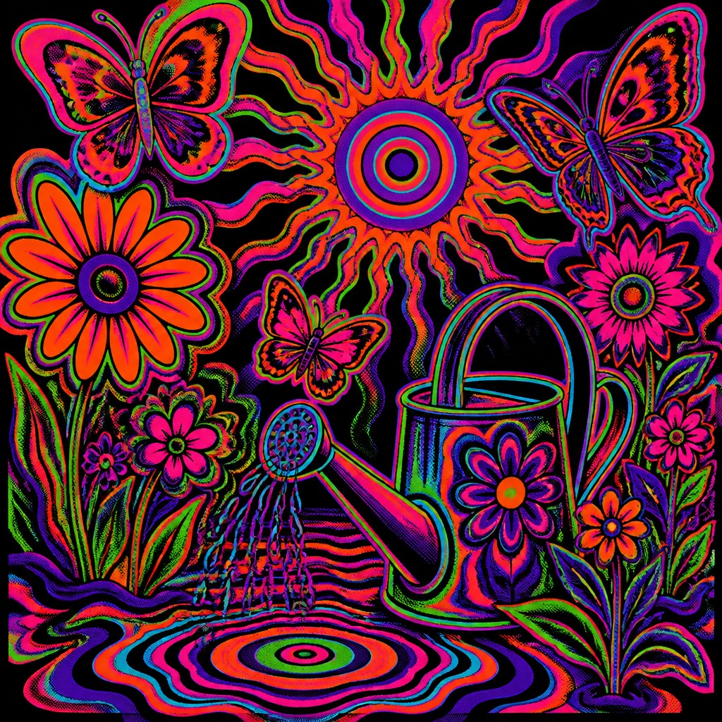 a garden scene with butterflies, flowers and a watering can, clean uncolored line art, no text