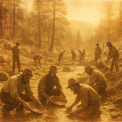 Got it. You'd like the full prompt again, including the updated detail about miners on the banks, ready for ArtStyles.com. Here it is:

Revised Prompt for ArtStyles.com:

"A bustling scene of 19th-century gold miners during the California Gold Rush. Several determined miners are panning for gold in a shallow, rocky stream in the Sierra Nevada mountains, their rugged, worn clothing and wide-brimmed hats indicating their toil. Along the banks of the stream, other miners are actively digging into the earth with shovels and picks, creating small piles of dirt and using sluice boxes to separate gold. Sunlight filters through tall pine trees, casting dappled light on the scene, illuminating the clear water and the industrious activity of the miners. The background showcases a rugged, forested landscape with distant hills.""sepia tone vintage photograph, grainy, aged look"