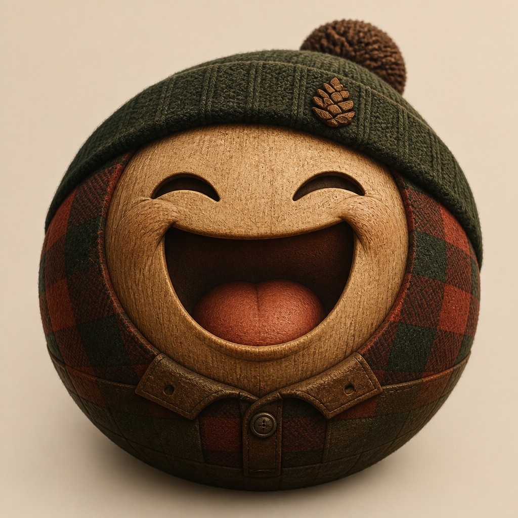an exaggerated laughing face of an original round mascot character, bold and readable at small size, plain background, no text