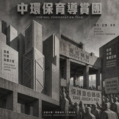 Poster for tour about conservation in central, half is jardine house, have is defending queens pier.中環保育導賞團，一半是中環高樓大廈（發展），一半是中環保育抗爭運動（皇后碼頭）