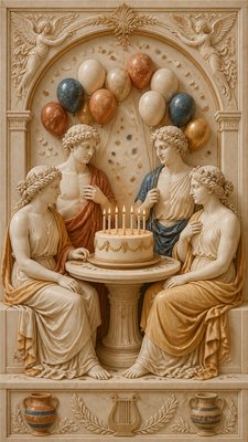 a birthday cake with lit candles surrounded by balloons and confetti, festive vertical composition, no text
