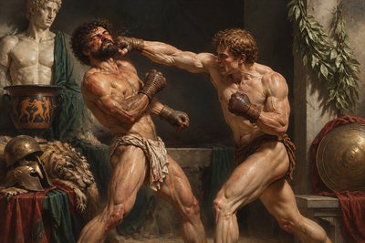 a painting of two men fighting with each other