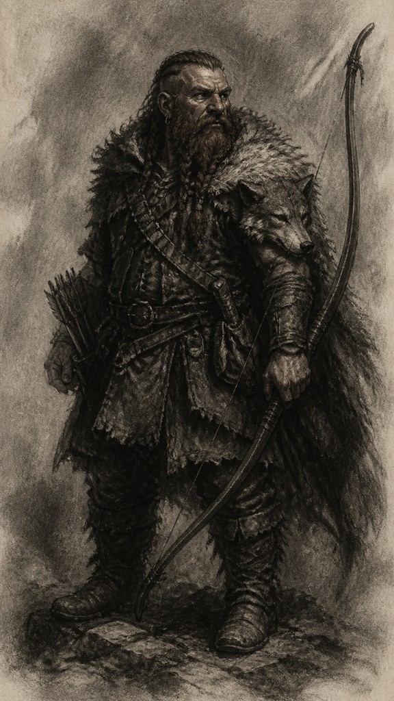full-body original character: a dwarven ranger with a braided auburn beard, worn leather armor, a longbow and a wolf-pelt cloak, neutral background, no text