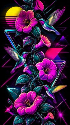 a climbing vine of flowers and hummingbirds on a dark background, tall wrapping composition, no text