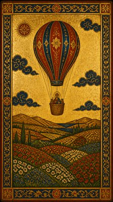 a hot air balloon drifting over rolling flower fields on a sunny day, cheerful, no text