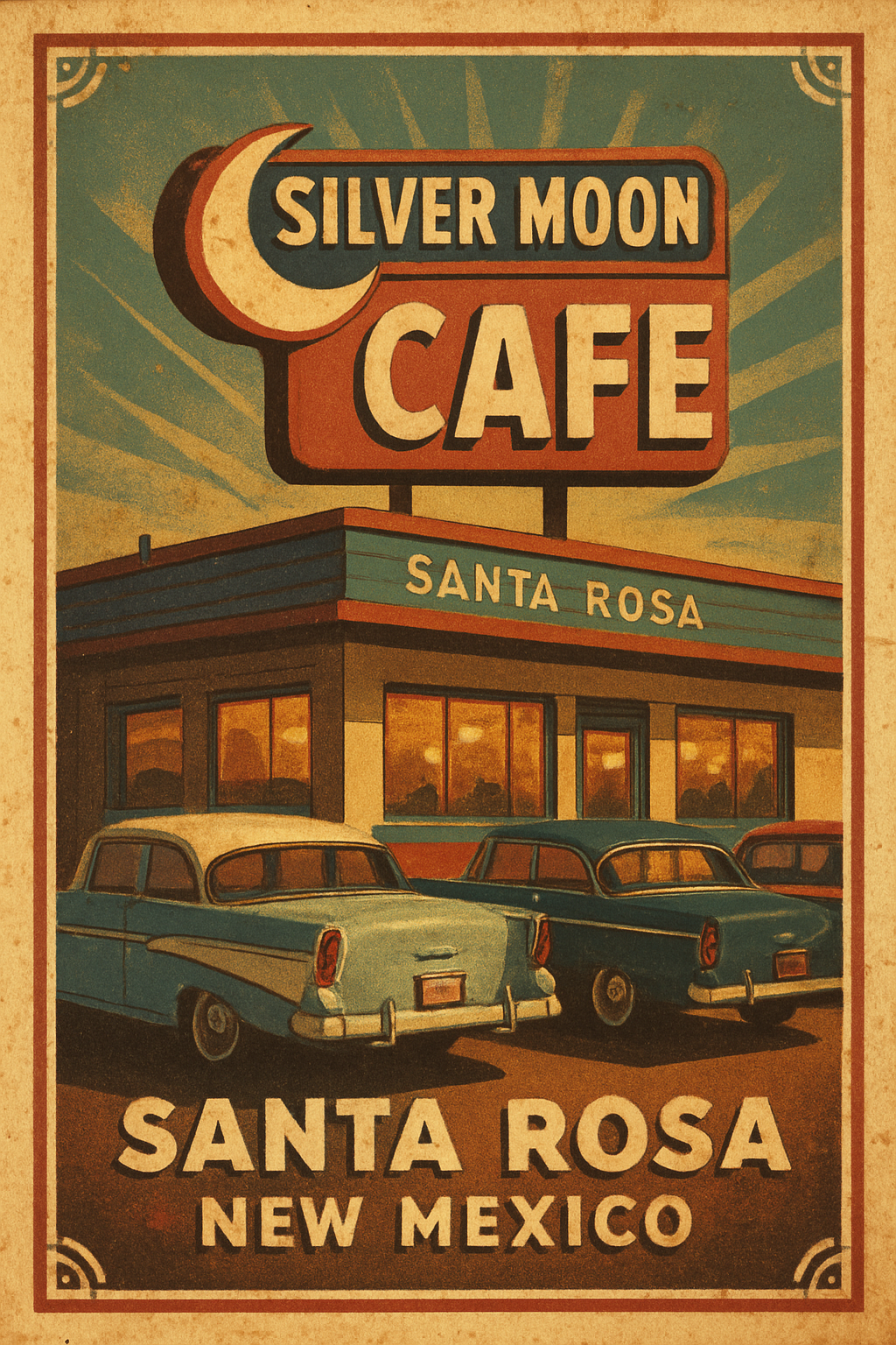 Generate a warm and inviting image of the Silver Moon Cafe in Santa Rosa, New Mexico, as it might have appeared in the 1950s or early 1960s. The focus should be on its classic diner exterior, featuring a prominent sign with its name. Show a few vintage cars from the era, such as a Chevrolet Bel Air or a Ford Fairlane, parked outside. The lighting should evoke a late afternoon or early evening glow, with a hint of warm light emanating from the cafe's windows. Capture the nostalgic, unpretentious atmosphere of a vital stop on Route 66, suggesting a place where travelers and locals alike would find comfort food and a friendly welcome. The style should be realistic but with a slightly enhanced, cinematic feel that highlights the retro charm
