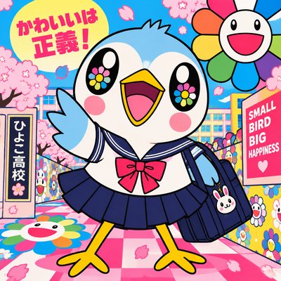 Funny bird meme with smile in a Japanese girl school outfit