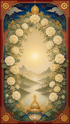 an arch of white roses and eucalyptus in soft morning light, elegant vertical composition with open space, no text