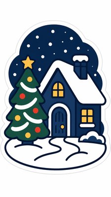 a snow-covered cottage with warm glowing windows beside a decorated pine tree, gentle snowfall, no text