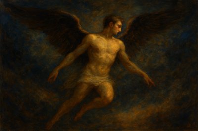 a painting of a man with wings on a dark background