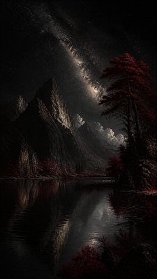 a tranquil mountain lake beneath a starry night sky, no people, no text