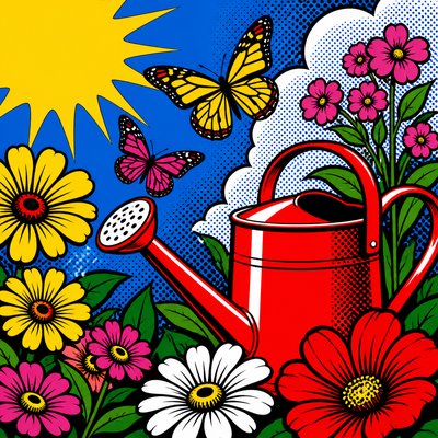 a garden scene with butterflies, flowers and a watering can, clean uncolored line art, no text