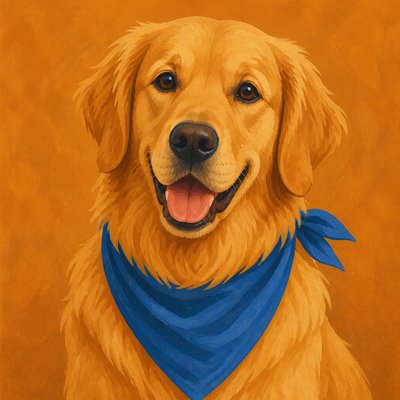 portrait of a golden retriever wearing a blue bandana, warm plain backdrop, no text