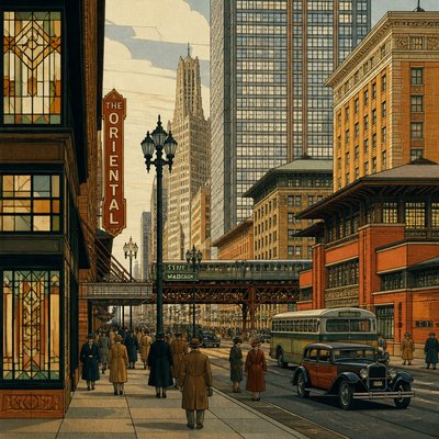 urban street with city activity — Chicago Art Style