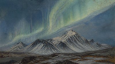 a flowing aurora over snowy peaks, wide sweeping composition, no people, no text