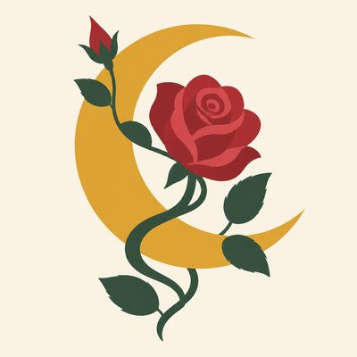 a rose entwined with a crescent moon, clean balanced composition on a plain background, no text