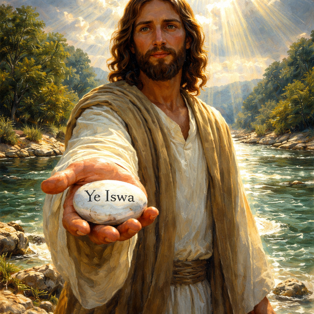 “Oh that my words were now written! oh that they were printed in a book! That they were graven with an iron pen and lead in the rock for ever! For I know that my redeemer liveth, and that he shall stand at the latter day upon the earth:” (Job 19:23-25, KJV) please depict this as Jesus holding out a polished white stone with "Ye Iswąˀ" written on it in Jesus palm as He stands by the Jordan river.