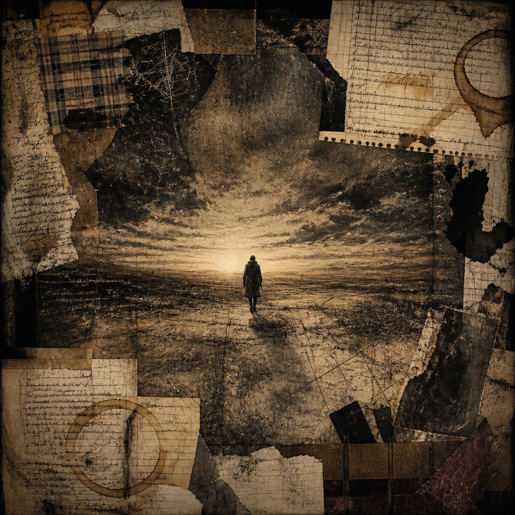 a solitary figure walking toward a glowing horizon across an empty plain, moody atmosphere, no text or lettering