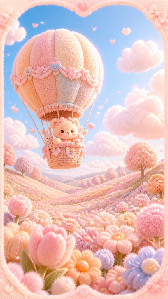 a hot air balloon drifting over rolling flower fields on a sunny day, cheerful, no text
