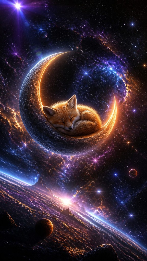 a sleeping baby fox curled on a crescent moon among soft stars, gentle and warm, no text