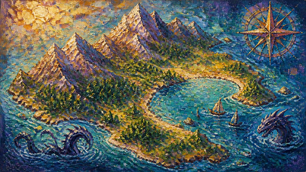 a map of an island realm with mountains, forests, a sheltered bay, sea monsters in the water and a compass rose, no text labels
