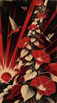 a climbing vine of flowers and hummingbirds on a dark background, tall wrapping composition, no text