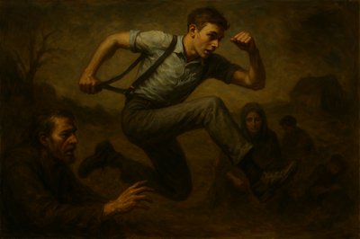 a painting of a man jumping in the air