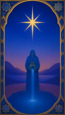 a robed figure pouring water beneath a large eight-pointed star in a night sky, symmetrical composition with an ornate decorative border, no text