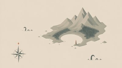a map of an island realm with mountains, forests, a sheltered bay, sea monsters in the water and a compass rose, no text labels