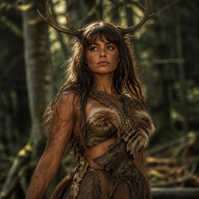 Fais moi une deesse et fort avec des cheveux brun et des cerf sur la tete, elle est habille en fourure de cerf et d’ecorse sans bijou elle représente la deesese de la nature c’est une humain, elle represente bien la nature , elle a des yeux de biche realiste, de la terre sur elle car elle vit dans la foret